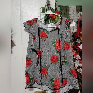 a'gaci Red Floral Black and White Striped Blouse